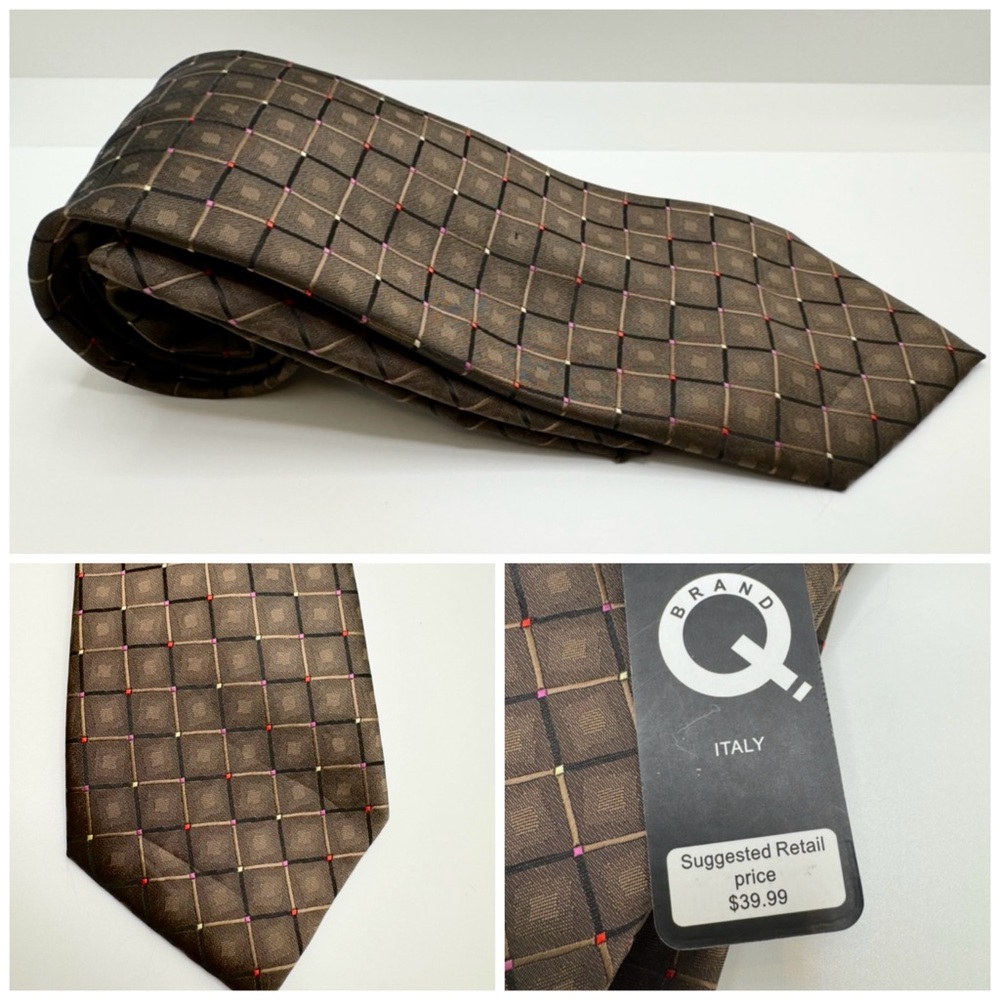 NWT Brand Q Black Brown Men Neck tie & Pocket Square Hankie Set Italy